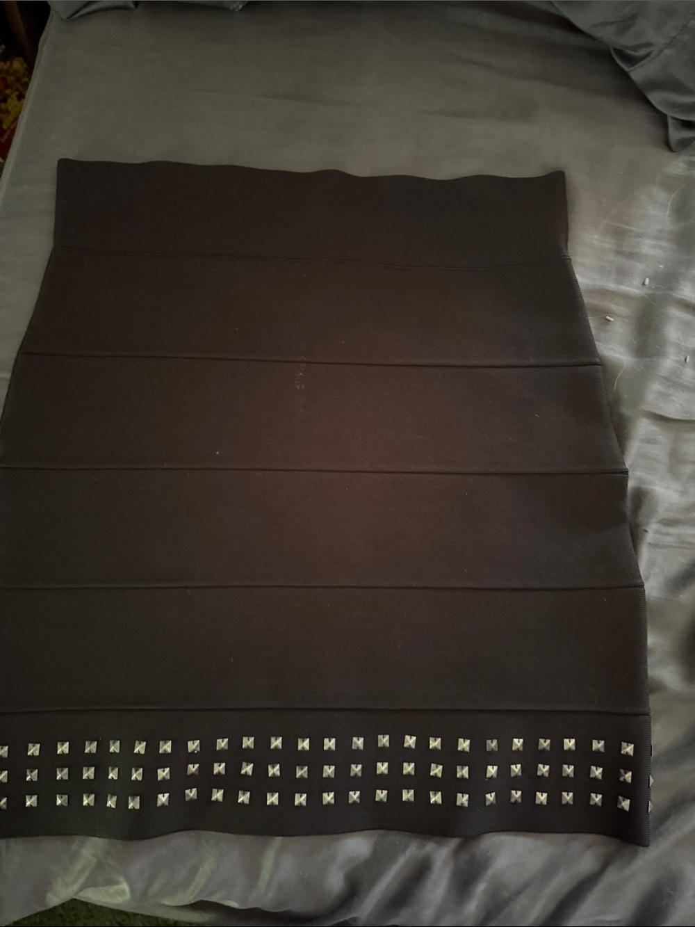 BCBGMaxAzria Black Fold-Over Bandage Skirt with Studded Hem
